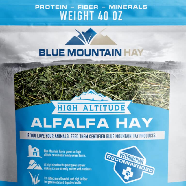 close-up of alfalfa grass hay for sale pouch