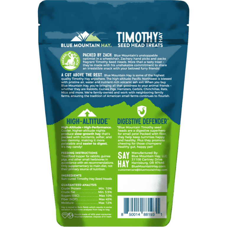 back of the packagin of the timothy hay seedhead treats for sale