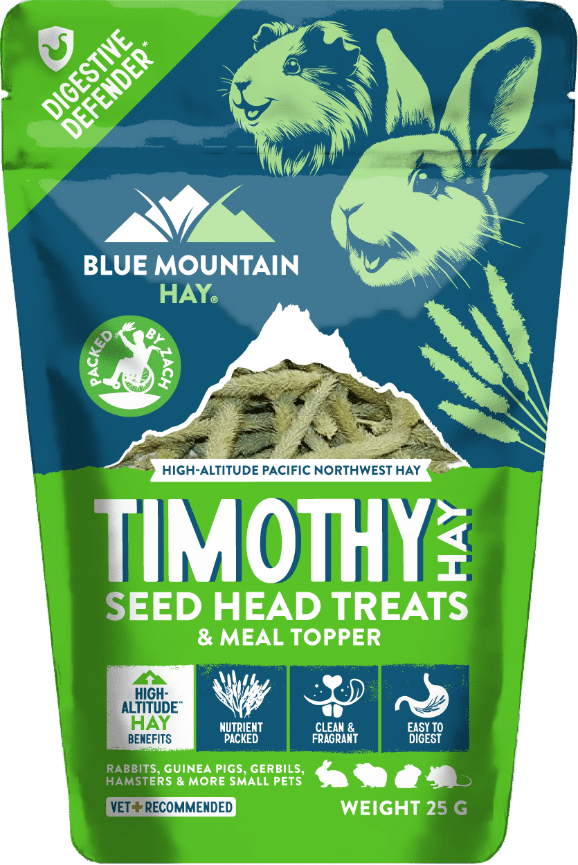 front packaging of timothy hay seedhead treats for sale from Blue Mountain Hay